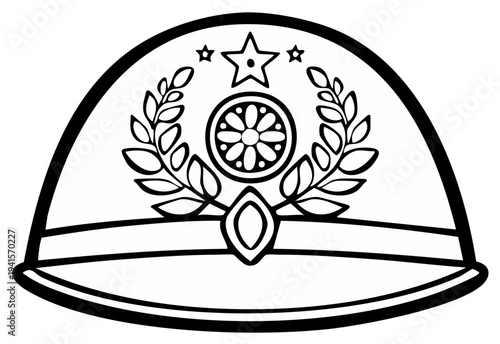Stylized cap sketch with star emblem and floral wreath artwork in black and white outline military or security themed headwear