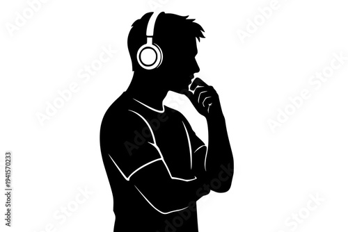 Silhouette man listening music with headphones minimalist white line art vector illustration