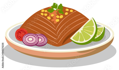 Tasty brown food item on plate with lemons, red onion, and tomato wedges.