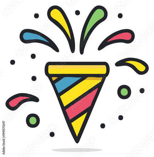 Vibrant party popper exploding with festive splashes of multicolored confetti creates a celebratory and joyous atmosphere of fun and excitement