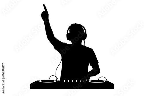 DJ mixing music with headphones on turntables at nightclub black silhouette