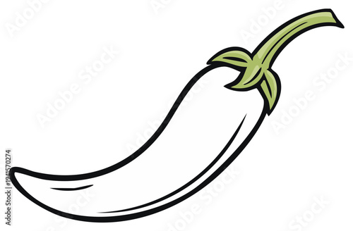Stylized drawing of a single green chili pepper with stem and leaves