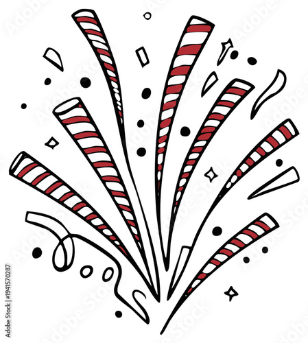 Confetti and striped party blowers sketch illustration for celebration theme