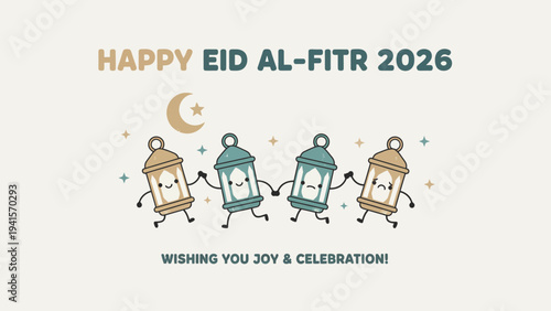 Celebratory Eid al-Fitr greeting with lantern characters in joyful dance under moonlight