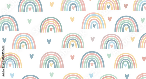A repeating pattern of colorful rainbows and hearts creates a cheerful background presented as a delicate silhouette high quality professional detailed