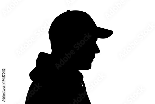 Man silhouette wearing baseball cap, profile view, isolated on white background