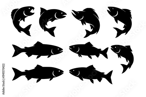 Black fish silhouettes, various swimming poses, white background, aquatic icons