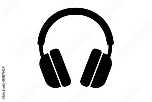 Black headphones icon on white background, music symbol