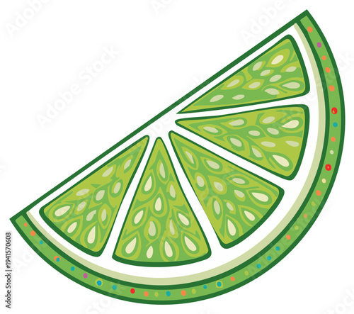 Stylized illustration of a decorative lime wedge with colorful dot pattern on the rind