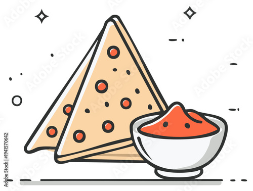 Crispy Triangular Samosa Pastries with Spicy Tomato Chutney Dipping Sauce