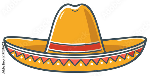 Bright Yellow Sombrero with Ornate Red and White Band Traditional Mexican Folkloric Hat Graphic Art