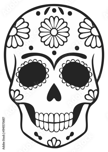 Black and white sugar skull with floral decorations and dots