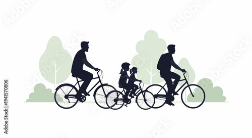 Family bike ride illustration with parents and children on bicycles, enjoying outdoor activity. Family bike ride in green park background, symbolizing healthy active lifestyle.