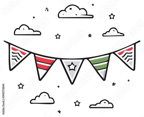 Festive Celebration Bunting Flags, Clouds, and Star Doodle Elements Floating Joyfully, Celebration Scene, Flat Vector Style