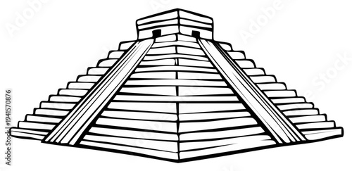 Mayan Pyramid Illustration Black and White Vector Drawing Mesoamerican Landmark
