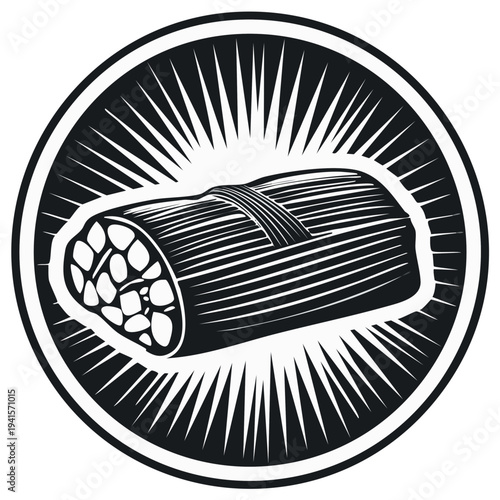 Stylized icon illustration of a fresh wrapped tamale, a popular Latin American dish on radiating circle background.