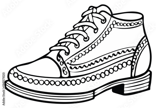 Detailed Outline Drawing of a Classic Leather Oxford Shoe with Intricate Stitching and Laces