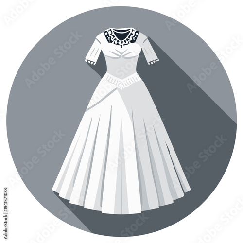 Elegant white wedding dress illustration in a gray circle