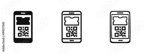 Mobile Ticket with QR Code Icon Set - Smartphone Digital Entry Pass Symbol