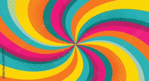 A vibrant swirling burst of color with dynamic radial lines and halftone patterns creating a captivating visual effect silhouette