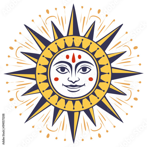 Smiling Sun Face Symbol with Rays Decorative Star Shape Design