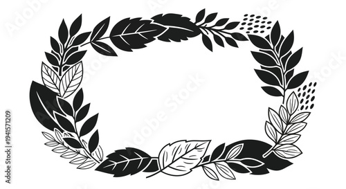 An elegant floral wreath design composed of detailed leaves and branches presented in a striking black silhouette high quality professional modern