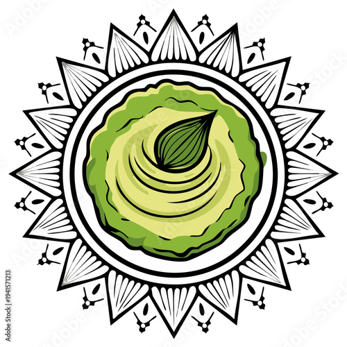 Green dip appetizer in decorative pattern for food and culinary concepts.
