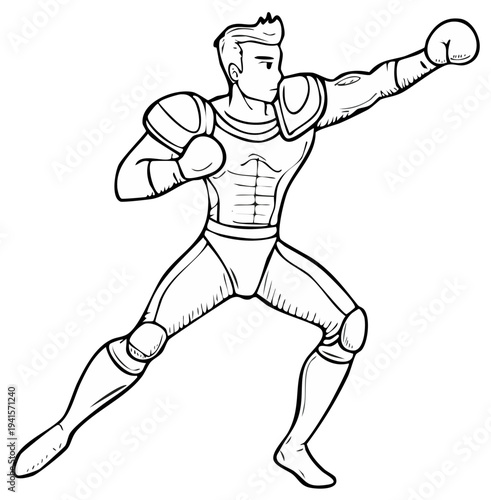 Line art illustration of a muscular man in costume striking a fighting pose with a determined look, preparing for action.