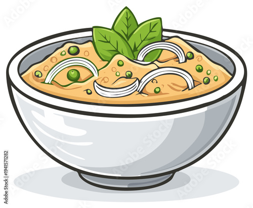 Cartoon illustration of a bowl of curry soup with vegetables