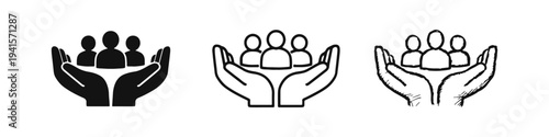 Community care icon set featuring people held by hands in silhouette, outline, and hand-drawn styles, symbolizing protection and support.