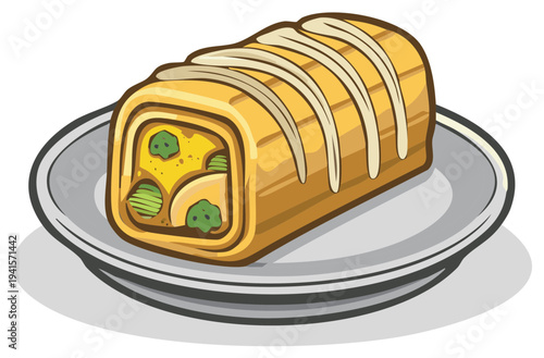 Cartoon illustration of a filled pastry roll served on a plate