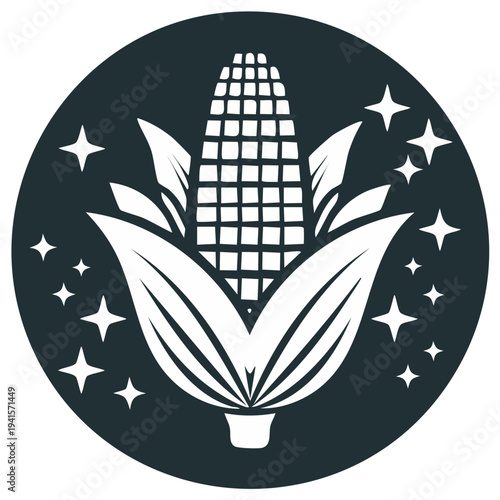 Vector Illustration of Corn Cob with Leaves and Stars in a Circle