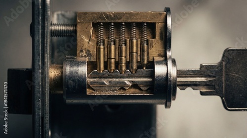 Close up of a key inserted into a cutaway door lock cylinder showing internal pins and springs, demonstrating mechanical security and locksmithing principles for home safety