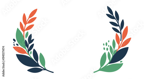 Stylized floral arrangement featuring vibrant green orange and navy leaves forming an archway a decorative silhouette high quality professional detailed modern