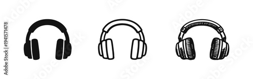Headphones icon set in different artistic styles: silhouette, outline, and hand-drawn sketch, representing music and audio.