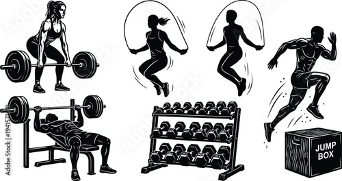 Gym Fitness and Strength Training Linocut Illustration Set