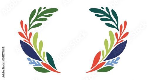 A vibrant floral wreath design featuring stylized leaves and petals creating an open circular frame silhouette high quality professional detailed modern