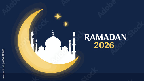 Ramadan 2026 greeting card with crescent moon and mosque silhouette against a starry night sky