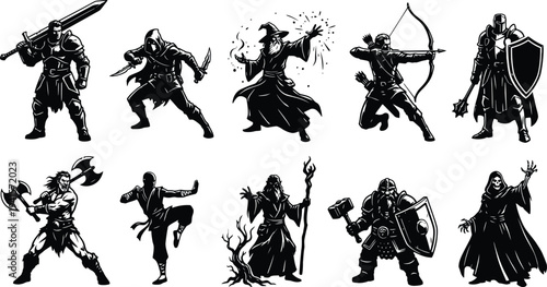 Fantasy RPG Character Class Linocut Illustration Set