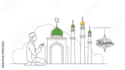Simple line art illustration capturing a person in prayer posture near a mosque, representing devotion, spirituality, and festive greetings like Eid Mubarak