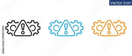 Warning signs with gears in black, blue, and orange colors, symbolizing caution and maintenance in industrial settings