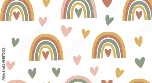A repeating pattern of colorful rainbows and hearts creates a cheerful whimsical design with a distinct silhouette high quality professional detailed