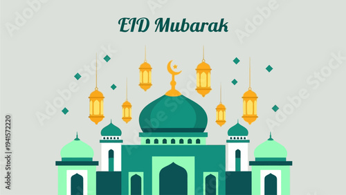 Celebrate Eid Mubarak with a stunning illustration of a mosque, adorned with festive lanterns, perfect for greetings and Islamic festivities