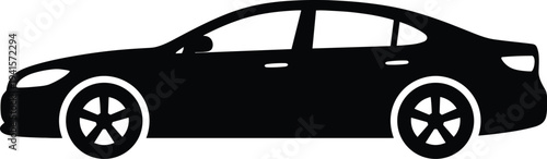 Minimal vector silhouette, sedan car side view passenger vehicle, solid black, isolated on white background.