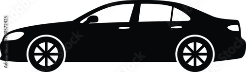 Minimal vector silhouette, sedan car side view passenger vehicle, solid black, isolated on white background.