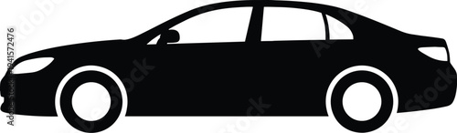 Minimal vector silhouette, sedan car side view passenger vehicle, solid black, isolated on white background.
