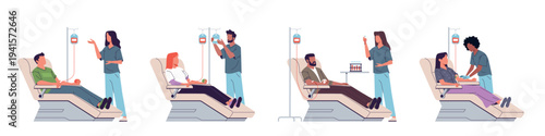 Volunteers donating blood. People helping victims, donors with medical staff, nurses monitoring, transfusion station, blood bank resources, healthcare nowaday vector cartoon flat set