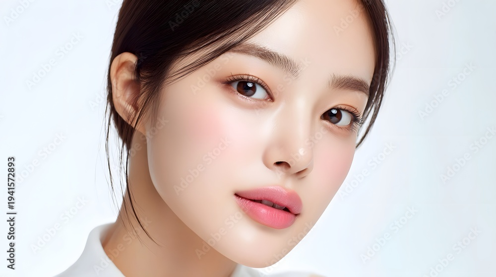 Obraz premium Bust shot portrait of a beautiful Korean woman with smooth porcelain skin delicate blush glassy pink lips and neat hair on a white background