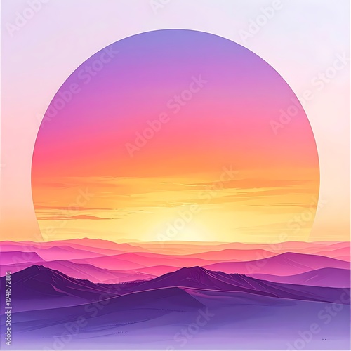 Sunset over layered mountains with a giant, glowing circular sun casting warm and dreamy colors in the sky
