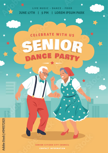 Seniors dance party invitation. Elderly people music club, funny grandparents hobby and activity, happy pensioners, festival announcement poster design, tidy vector cartoon isolated concept